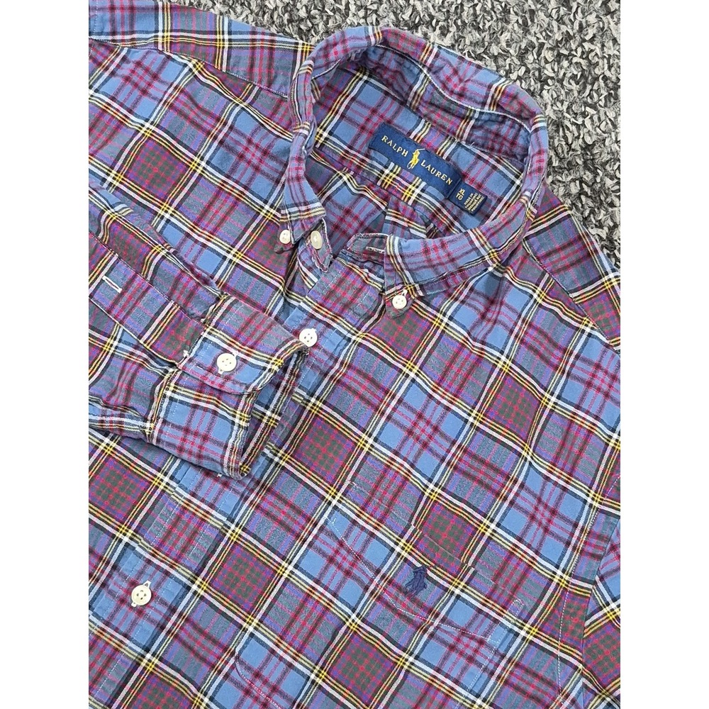 Ralph Lauren Long Sleeve Button Down Shirt Mens XL Blue Plaid Cotton Pocket